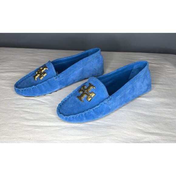 Tory Burch Everly Driver Blue Suede Loafers 5.5 Moccasins Gold Logo Comfortable - Picture 9 of 15